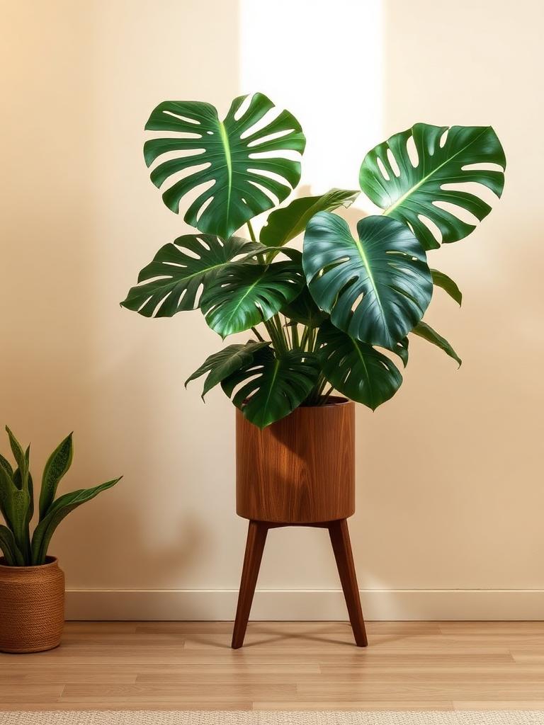 Monstera plant in a mid-century walnut stand